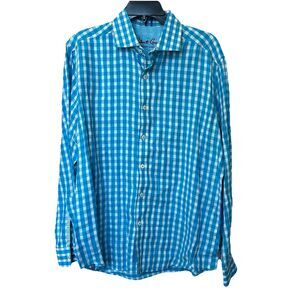 Robert Graham Shirt Mens Large Blue Gingham Classic Fit Long Sleeve Button Down